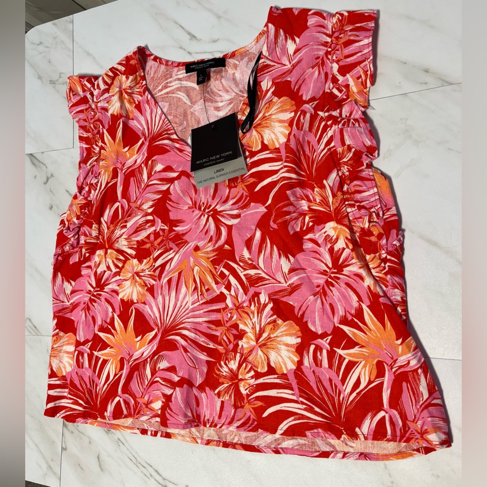 NWT Marc New York Summer Essential Linen Blend Tropical Floral Blouse size Large